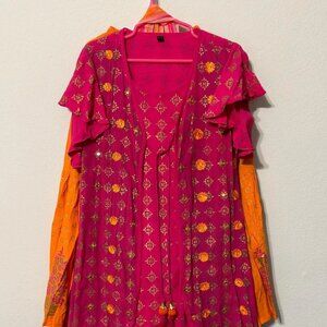 Girls Traditional Wear Top, Sharara Skirt & Dupatta Pink Orange Gold Work Size 4